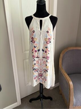 O'Neill Cream Halter Mini Dress with Multicolor Floral Embroidery